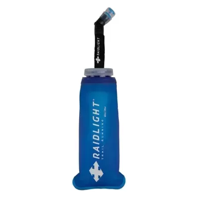 Garrafa flexível azul com texto RAIDLIGHT e logótipo branco