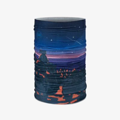 Cachecol tubular Buff com padrão azul, roxo e laranja e detalhes de estrelas