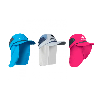 Bonés técnicos de proteção solar em azul, branco e rosa com cobertura traseira