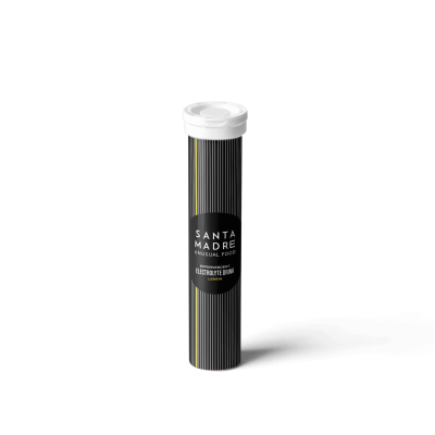 Frasco cilíndrico com tampa branca e etiqueta preta com texto