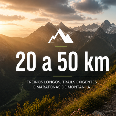 Montanhas ao pôr do sol com texto sobreposto sobre treinos e maratonas de montanha