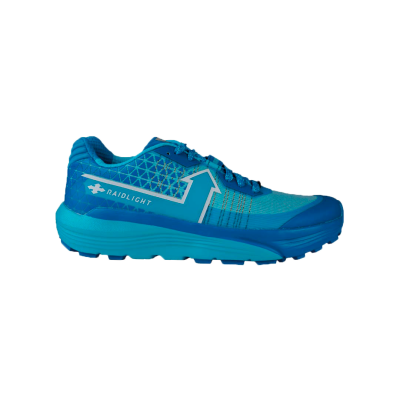 Ténis desportivo azul com padrão geométrico triangular e texto RAIDLIGHT