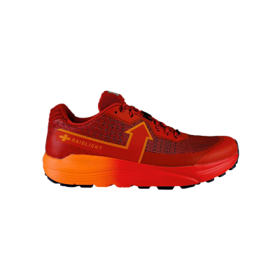 Ténis desportivo vermelho e laranja com sola laranja e texto Raidlight