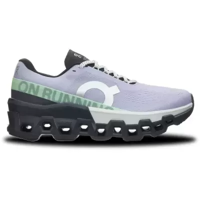 Ténis de corrida On Running lilás com sola preta e detalhes verdes