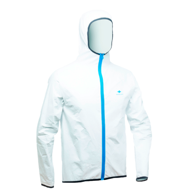 Casaco desportivo branco com fecho zíper azul e capuz