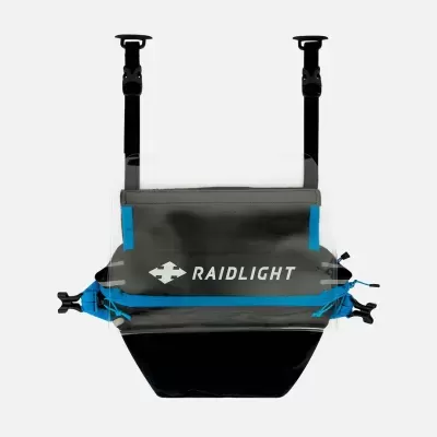 Bolsa de cintura desportiva preta e cinzenta com zíper azul e tiras ajustáveis