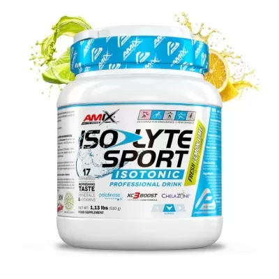 Frasco branco de suplemento isotónico sabor limão e lima com texto e detalhes em azul e amarelo