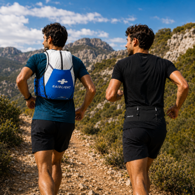 Dois homens a correr numa trilha rochosa com mochila e cinto com texto Raidlight e NNormal