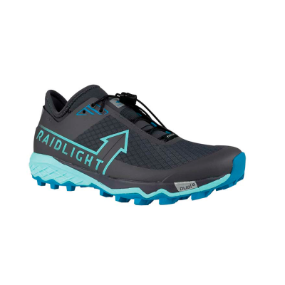 Tênis desportivo RAIDLIGHT azul turquesa e cinza escuro com sola antiderrapante.