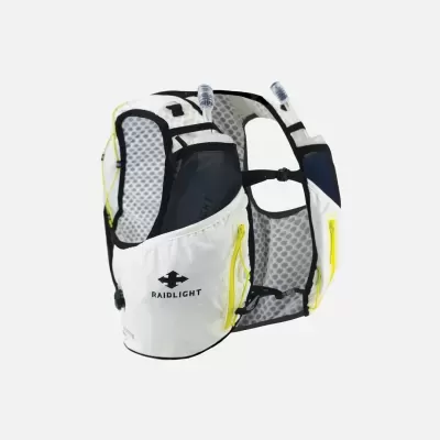 Mochila de corrida Raidlight branca com bolsos e garrafões