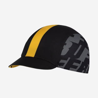 Boné de ciclismo preto com listra amarela e padrão cinza com letras