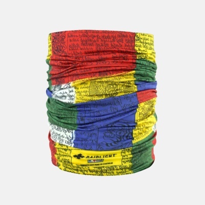 Tubo multifuncional colorido com texto caligráfico e etiqueta RAIDLIGHT