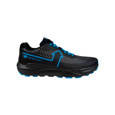 ténis desportivo preto e azul com detalhes texturados e inscrição RAIDLIGHT