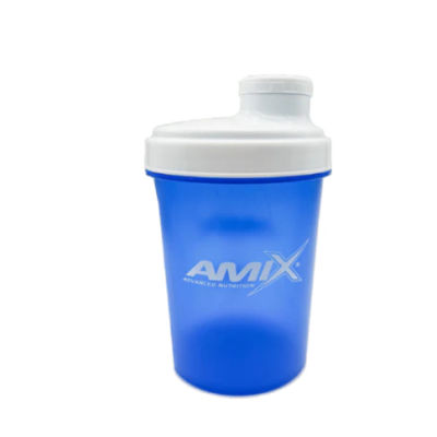 Coqueteleira azul com tampa branca e texto AMIX