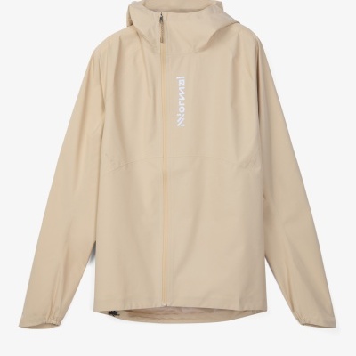 Casaco impermeável bege claro com capuz e fecho de correr frontal