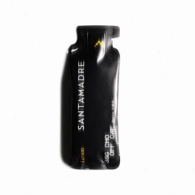 Frasco preto pequeno com texto SANTAMADRE em fundo branco