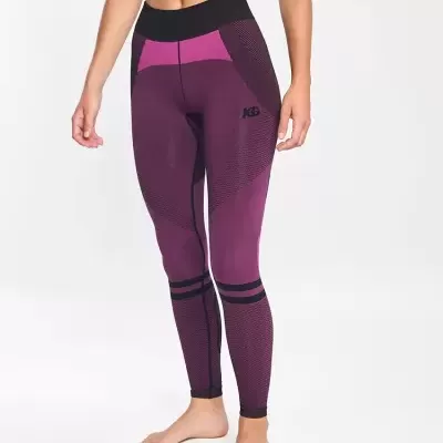 Calças de treino compridas roxas com padrão geométrico e logo K6 no lado esquerdo