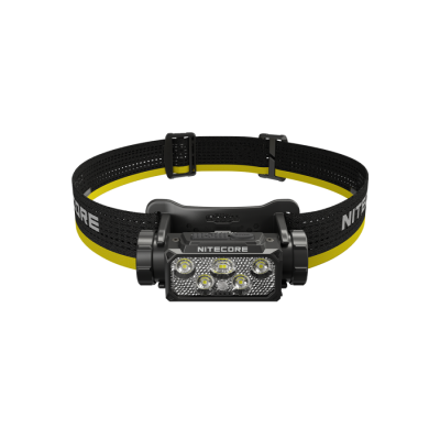 Lanterna de cabeça preta e amarela com LEDs