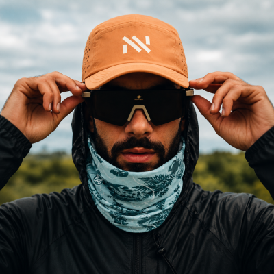 Homem com boné laranja, óculos de sol pretos, lenço azul claro com padrão floral, casaco preto em ambiente ao ar livre