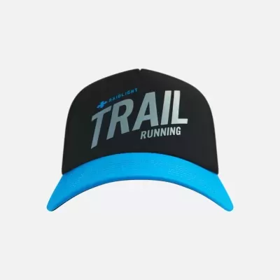 Boné preto e azul com texto TRAIL RUNNING