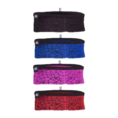 Quatro faixas de cabeça desportivas coloridas com padrão abstrato e etiquetas HB.