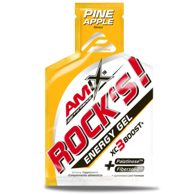 Sachê de gel energético AMIX ROCKS! sabor ananás com ingredientes e informações nutricionais