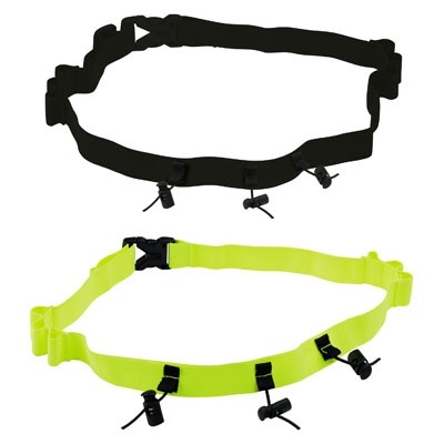 Dois cintos de corrida ajustáveis, preto e amarelo fluorescente, com suportes de plástico.