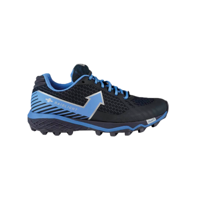 Ténis desportivos azuis e pretos com sola texturada e detalhe de seta na lateral