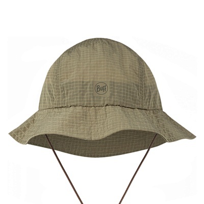 Chapéu bege com padrão xadrez, aba larga, cordão e logo Buff