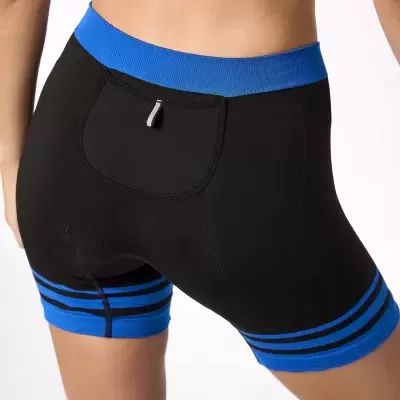 Calções desportivos pretos com cintura e bainha azuis e riscas pretas