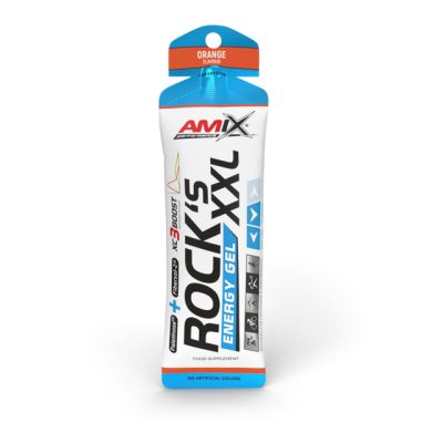 Gel energético Amix ROCKS XXL sabor laranja com embalagem branca e azul e tampa azul