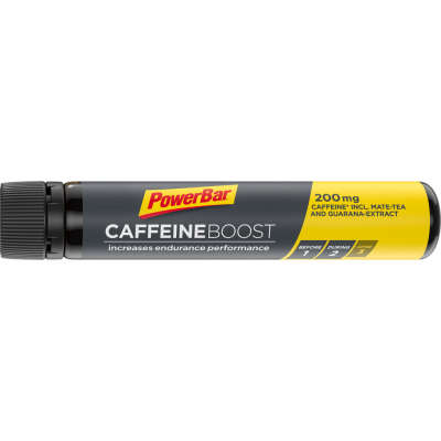 Frasco de PowerBar CAFFEINE BOOST com rótulo cinza escuro e amarelo