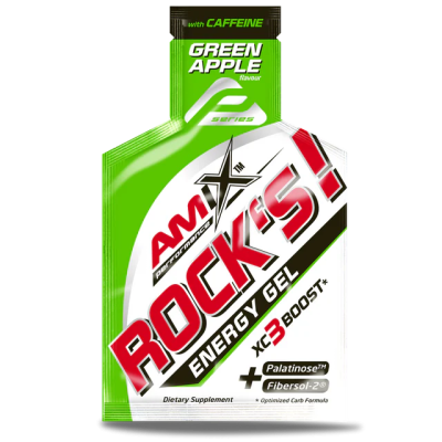 Embalagem de gel energético verde e branco AMIX ROCKS! com texto em cores vermelha e preta