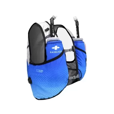 Colete de hidratação azul com garrafas e tubos, marca RAIDLIGHT