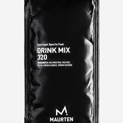 Embalagem preta brilhante de drink mix desportivo com texto branco e logótipo Maurten