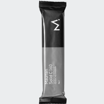 Barra alimentar Maurten Solid C 160 em embalagem preta e cinza