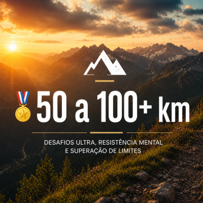Montanhas ao pôr do sol com texto promocional de corrida ultra