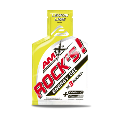 Embalagem de gel energético amarelo e branco com texto vermelho e preto AMIX Rocks Lemon Lime