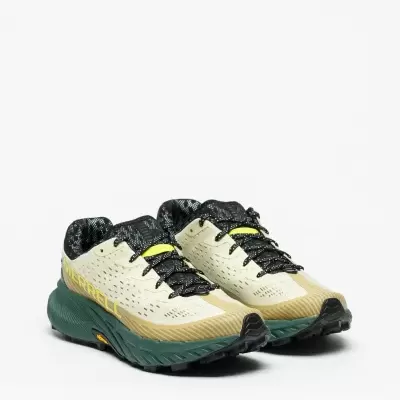 Sapatilhas de corrida Merrell bege, verde e preto com sola verde