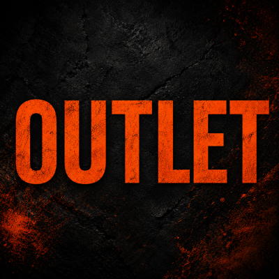 Texto laranja OUTLET sobre fundo preto texturizado