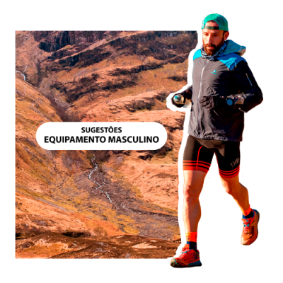 Homem a correr com roupa desportiva colorida e paisagem montanhosa
