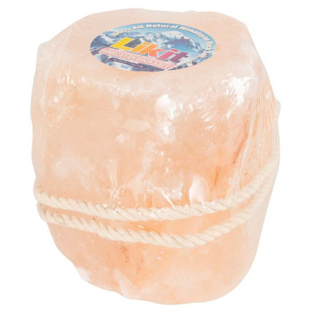 Bloco de sal rosa natural embalado com rótulo e corda branca