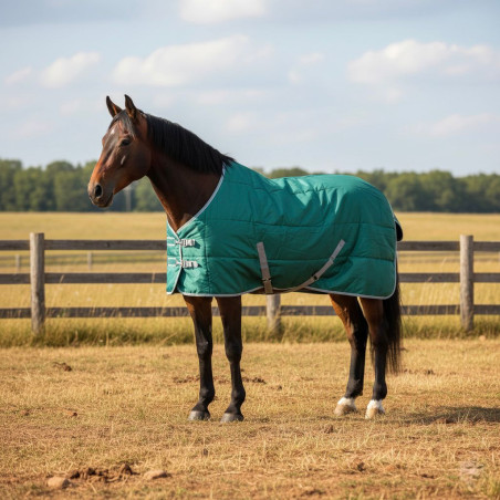 Cavalo com manta azul-turquesa acolchoada ao ar livre junto a vedação de madeira