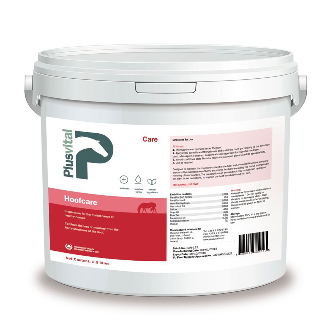 Embalagem de plástico branca com rótulo vermelho e branco do produto Plusvital Hoofcare para cascos de animais.