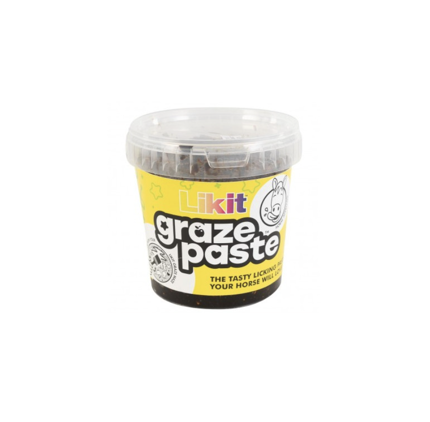 Pote de pasta para cavalos Likit graze paste com rótulo amarelo e transparente.