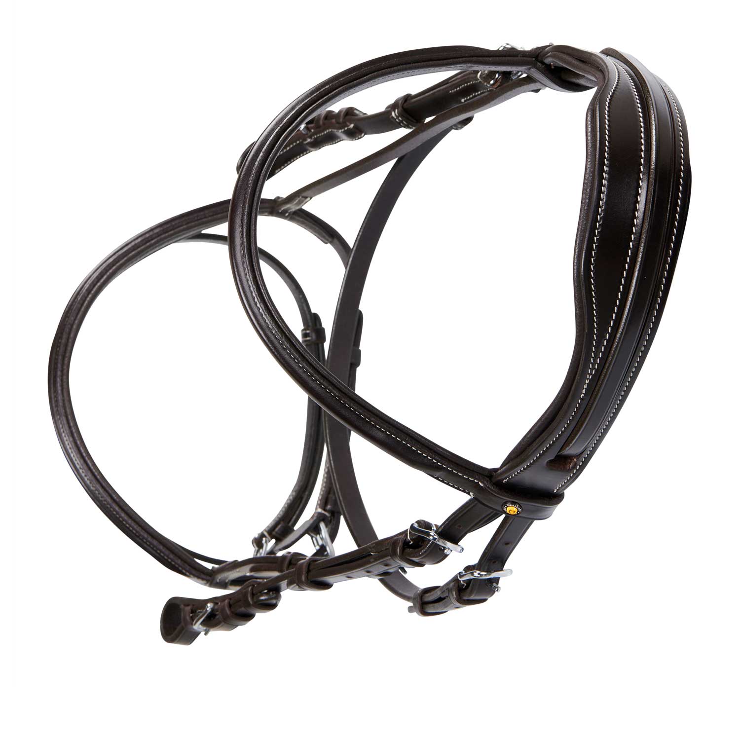 Freio de cavalo em pele castanho-escuro com costuras brancas