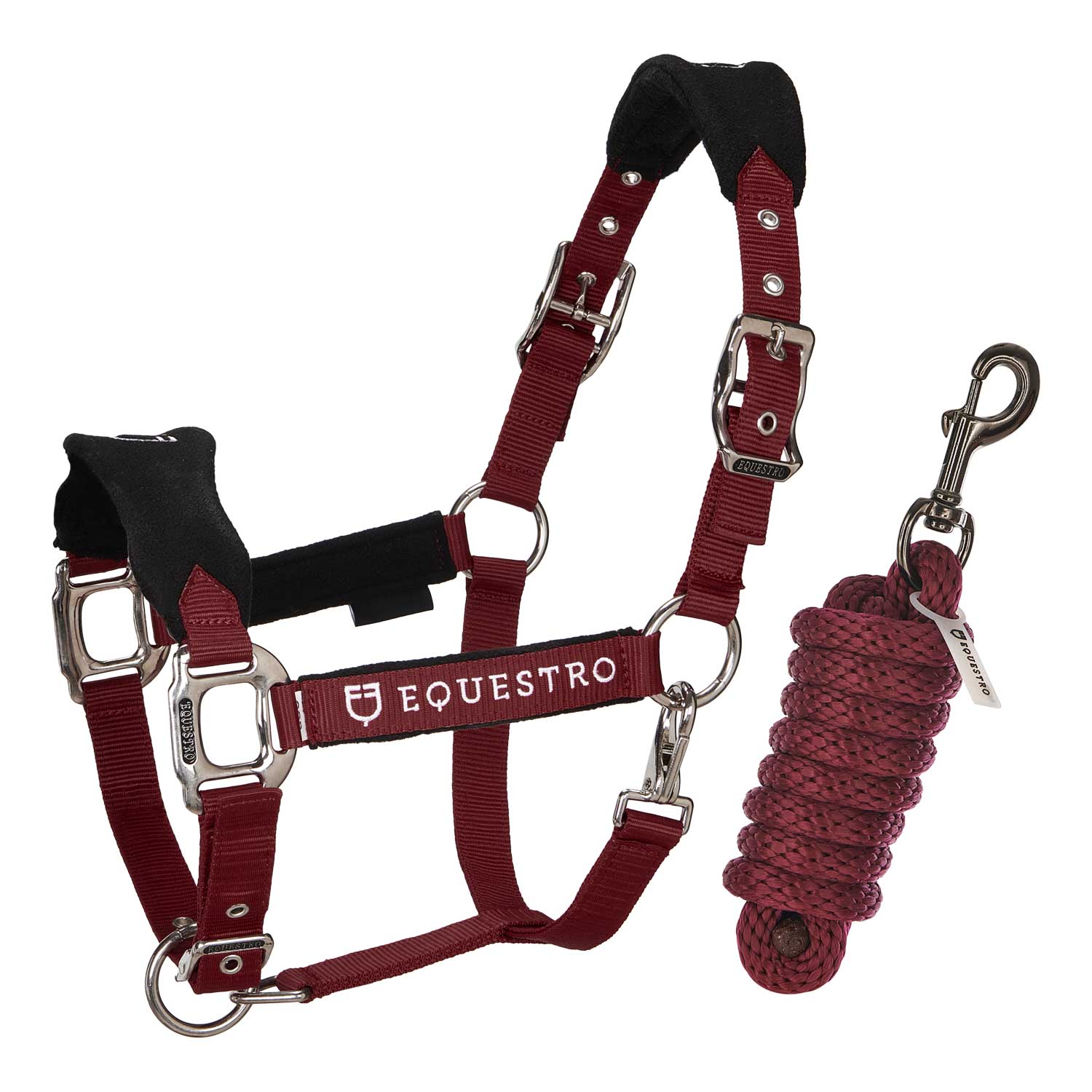 Cabresto e cabresto de nylon bordô com ferragens metálicas e almofadas pretas.