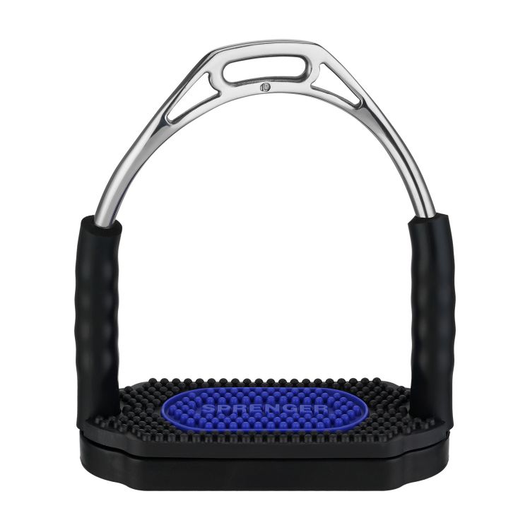 Estribo de equitação metálico com base preta e azul antiderrapante e punhos pretos