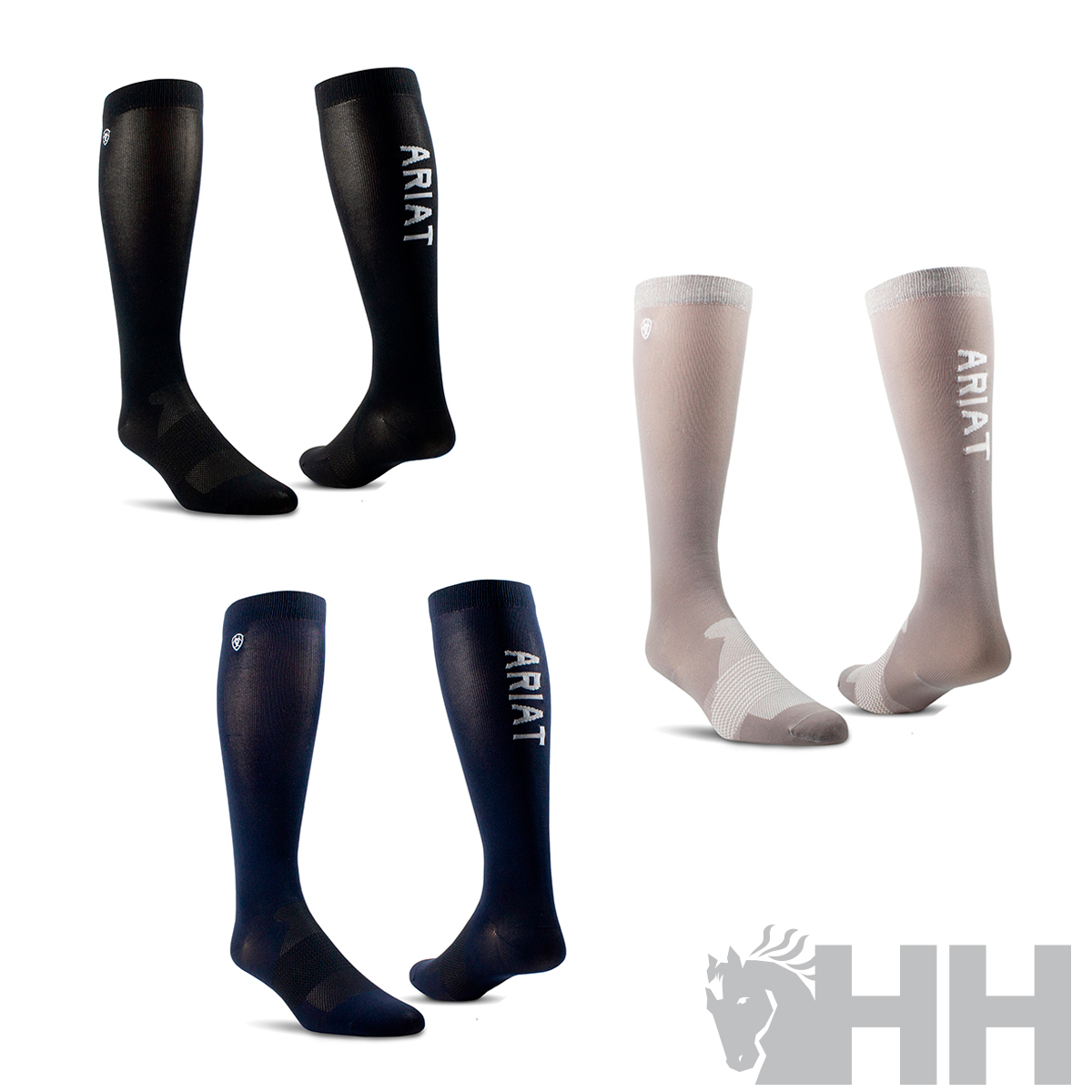 Três pares de meias compridas ARIAT em preto, azul e bege com logo na lateral
