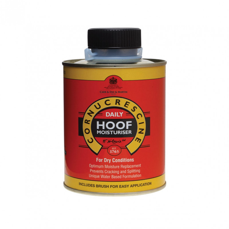 Lata metálica de hidratante para cascos com rótulo vermelho e amarelo